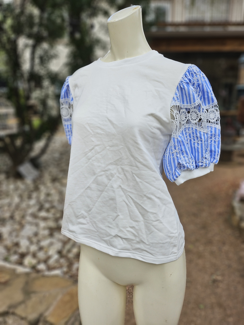 New W Tag Strut & Bolt White Knit Top with Blue Striped Puff Lace Sleeves S